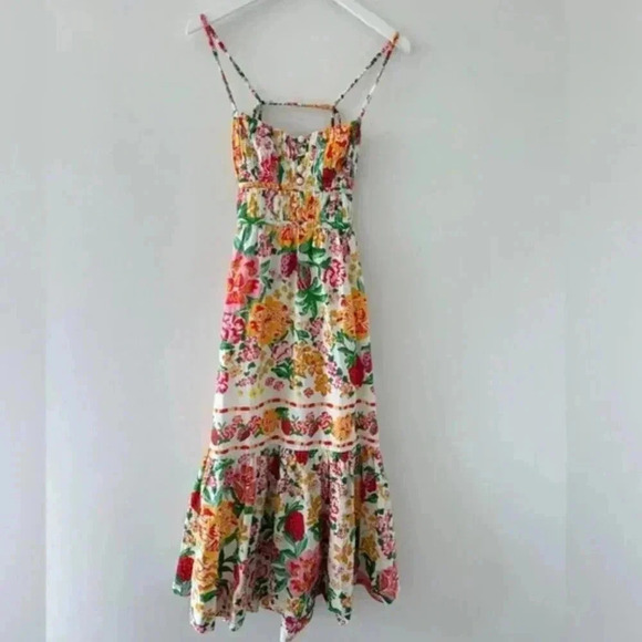 NWT FARM Rio Floral Sketch Tiered Cotton Tropical Backless Strappy Midi Dress L - Picture 4 of 11
